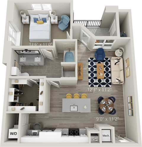 A10 - Luxury one bedroom apartment with living room kitchen with island bathroom with bathtub walk in closet and patio with storage